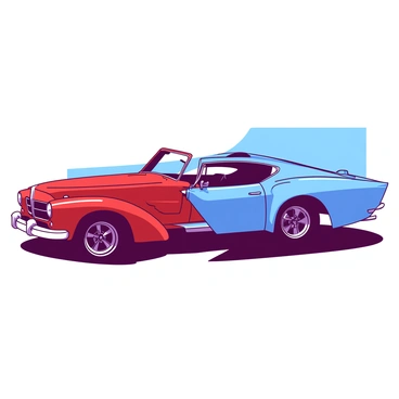 A red classic vintage car is positioned on the left side of the frame, with its chrome details gleaming in the light. The car is depicted in mid-transformation, with sleek, dynamic lines beginning to emerge from its body. On the right side, a blue modern sports car is taking shape, showcasing an aerodynamic design with sharp angles and a glossy finish. The background features a gradient transition between the two styles, enhancing the contrast between the vintage and modern elements. The scene captures the moment of transformation, illustrating the clash of eras in a single captivating frame.