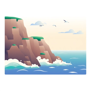 Steep seaside cliffs rise dramatically on the left side of the image, showcasing rugged, brown rock formations with patches of green vegetation clinging to the edges. Below, waves crash energetically against the base of the cliffs, sending up white foam into the air. The ocean is a deep blue, with shades of turquoise closer to the shore. The sky above is a gradient of soft pastel colors, transitioning from pale orange near the horizon to light blue higher up. A few seagulls are flying above the cliffs, their wings spread wide against the backdrop of the colorful sky. The entire scene is contained within a 30x20 board format.