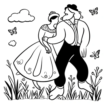 A whimsical portrait featuring "Beauty" and "the Beast" standing closely together in a lush meadow. "Beauty" is depicted in a flowing dress with intricate details, while "the Beast" has a majestic, furry body with a regal posture. Wildflowers are scattered around them, and tall grass sways gently in the breeze. "Beauty" and "the Beast" are surrounded by butterflies fluttering around, adding a whimsical touch to the setting. A large tree with sprawling branches provides shade in the background.