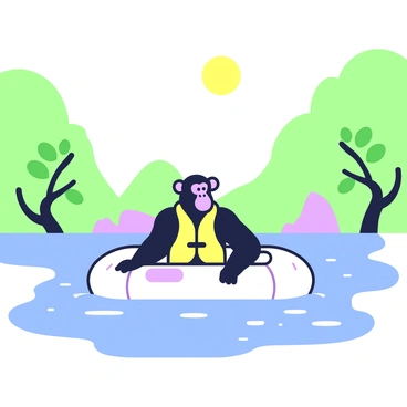 A chimpanzee is sitting in a small inflatable raft as it floats down a river. The chimpanzee is wearing a bright life vest, secured around its body. The raft is surrounded by gently flowing water with small ripples. On either side of the river, there are green trees with leafy branches that extend over the water. In the background, a few rocks are visible, partially submerged in the river. The sky above is clear, and the sun casts a warm light over the scene.