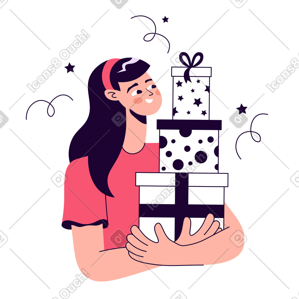 Girl holding many gift boxes illustration in Martina style download in PNG, SVG