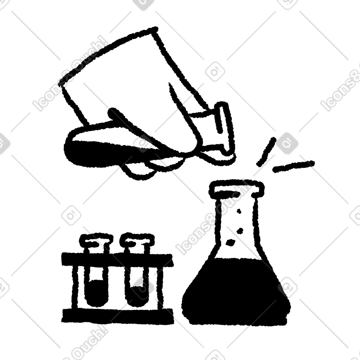 Black Chalk スタイルの Laboratory hand holding test tube above filled erlenmeyer flask のイラストをPNG、SVG形式でダウンロード
