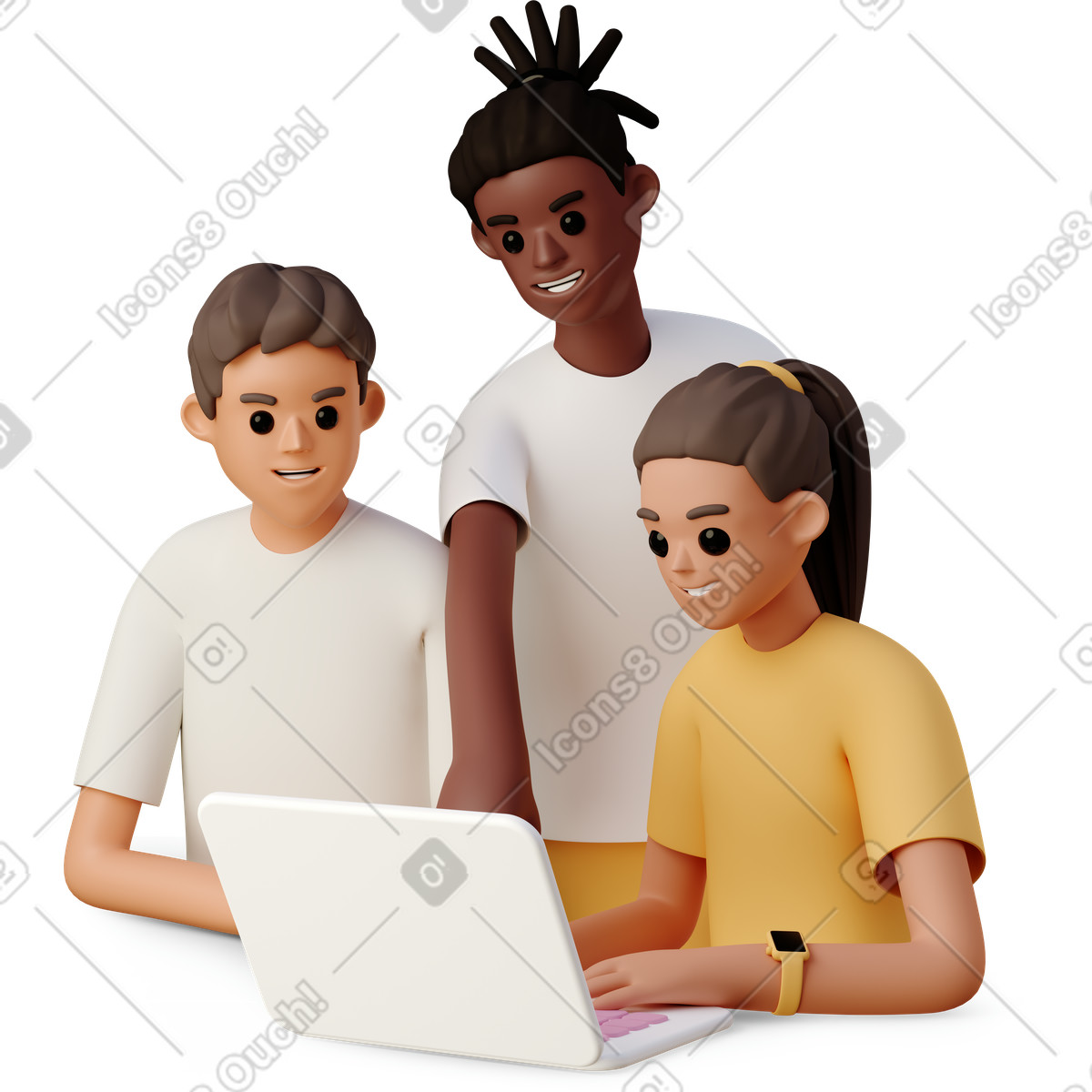 3D Casual life 스타일의 Teammates working on laptop together, teamwork and collaboration 일러스트레이션 PNG, SVG 다운로드
