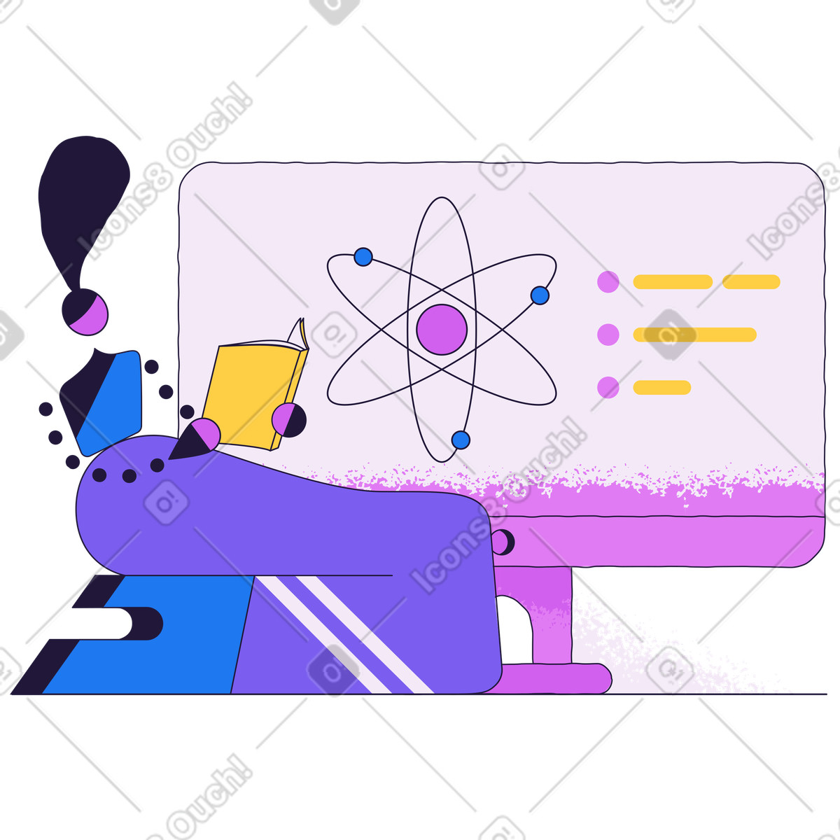 Illustration Student reading in front of large computer screen with atomic model, Self-education and online science learning dans le style Conifer à télécharger aux formats PNG, SVG