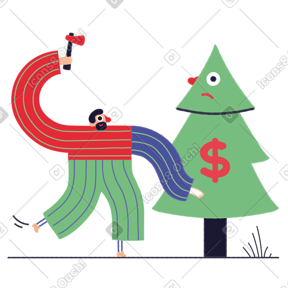 Man is about to cut down a sad tree with dollar sign for sale illustration in Stripy style download in PNG, SVG