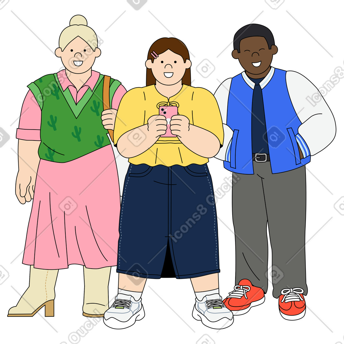 Illustration Groupe d'amis prenant des photos dans le style Kindy à télécharger aux formats PNG, SVG