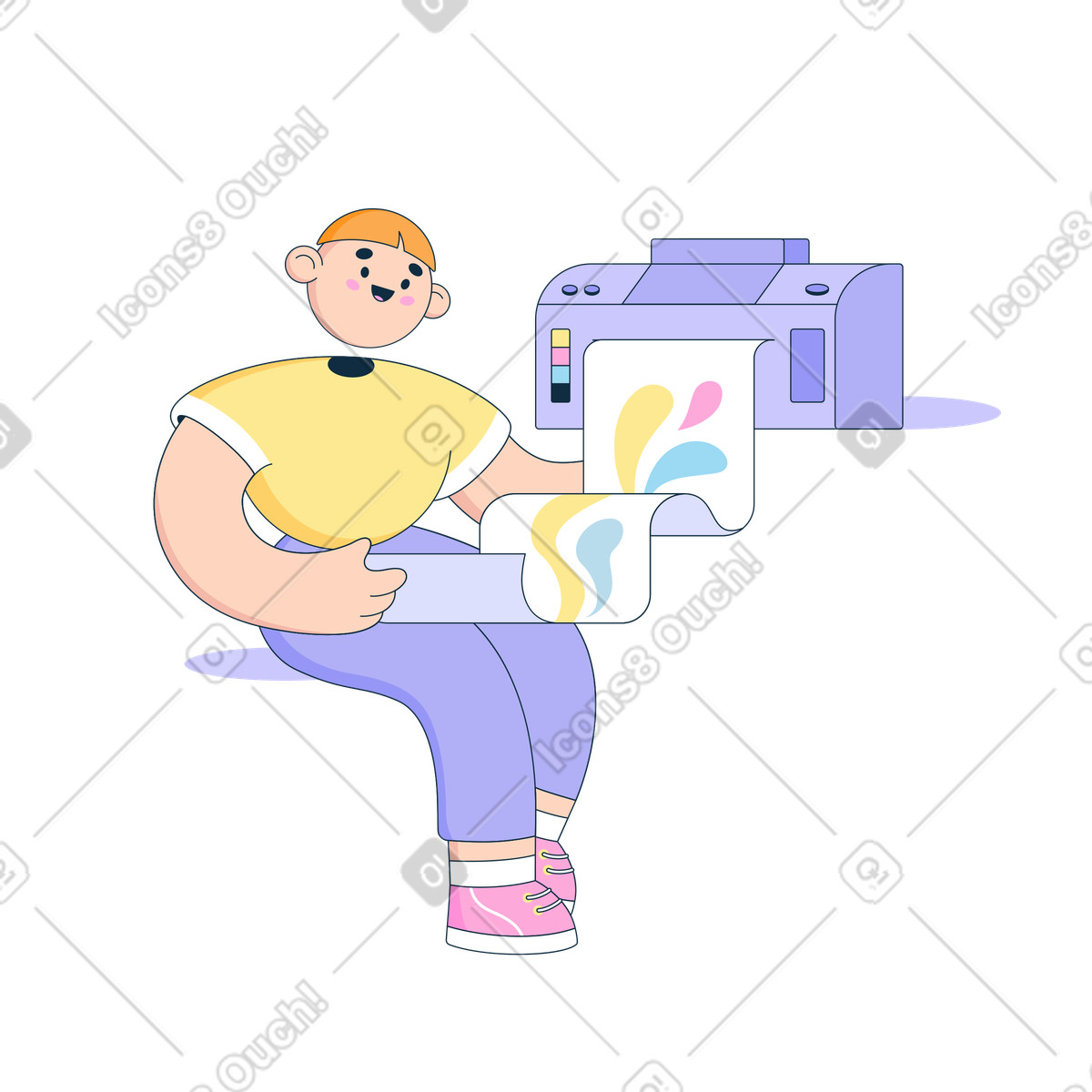 Mann druckt ein banner in einer druckerei-Illustration im Bubble gum-Stil als Download PNG, SVG