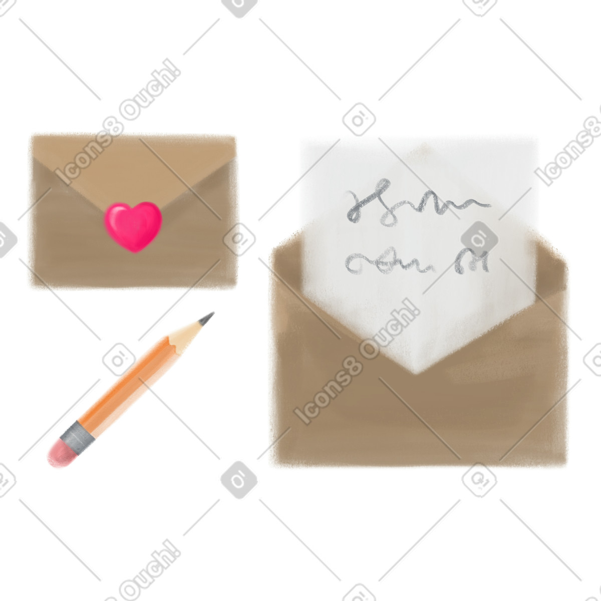 Mushy スタイルの バレンタインデーの手紙、開いた封筒と鉛筆 のイラストをPNG、SVG形式でダウンロード