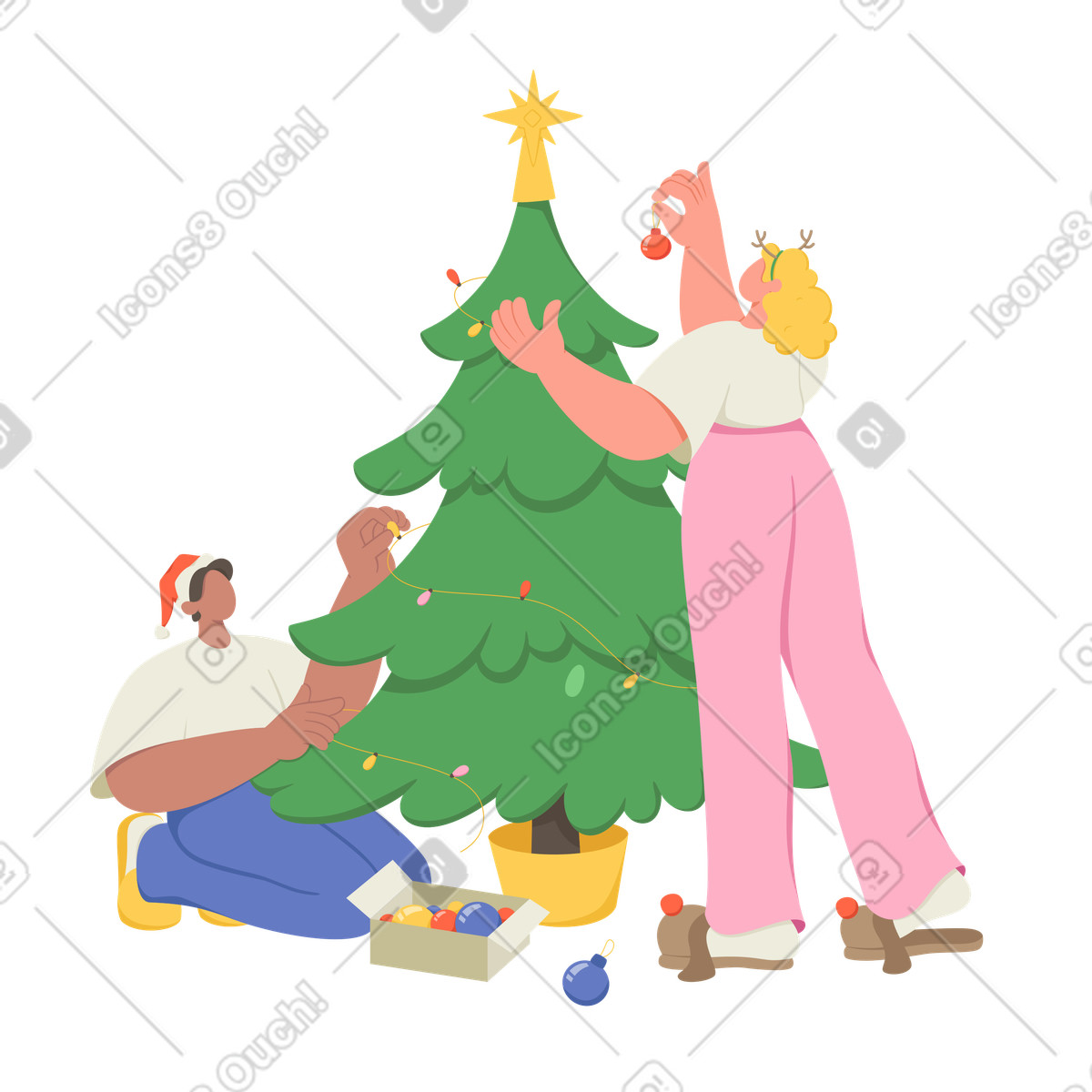Illustration Personnes décorant un sapin de noël dans le style Social à télécharger aux formats PNG, SVG