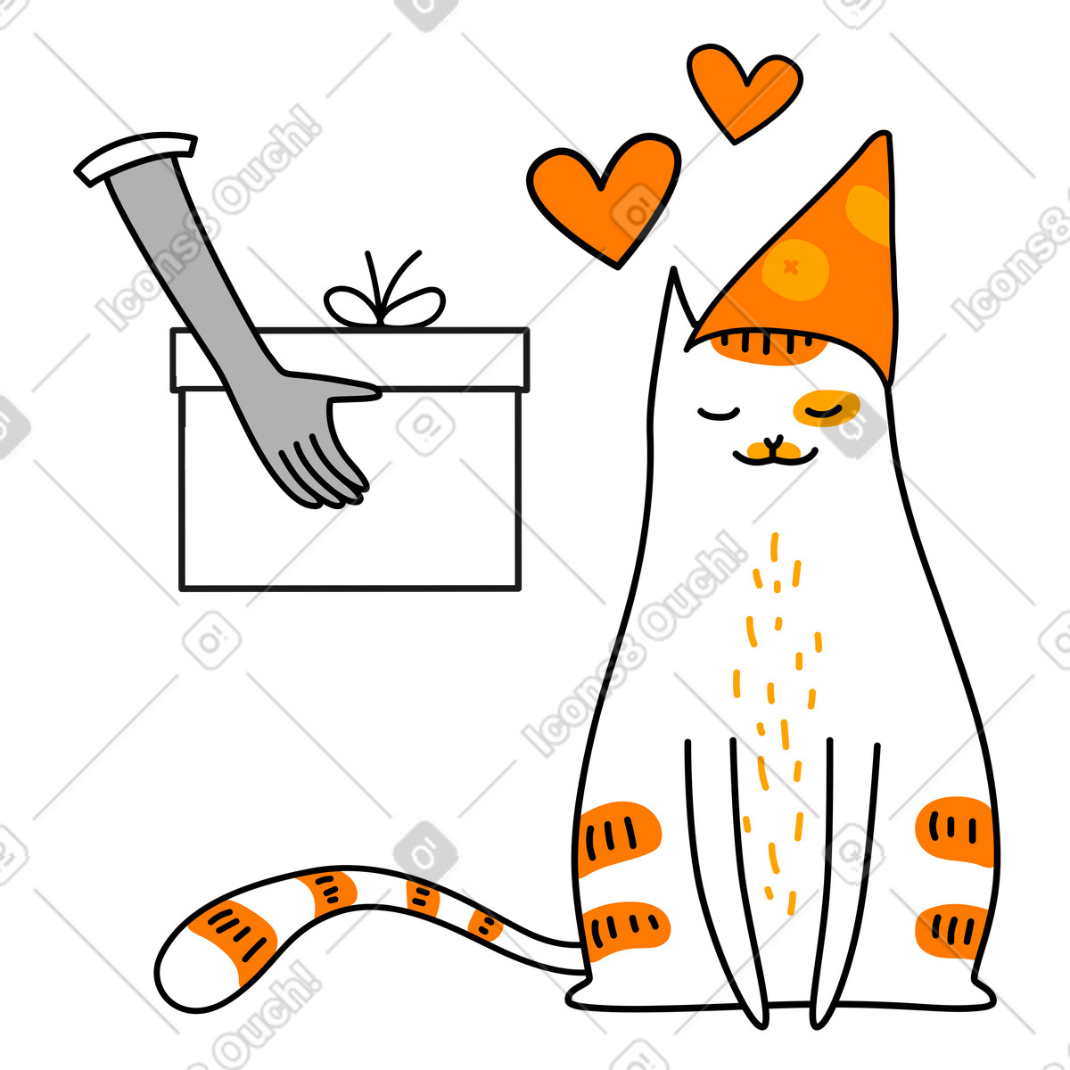 Illustration Un chat reçoit cadeau d'anniversaire de la part son propriétaire dans le style Purr à télécharger aux formats PNG, SVG