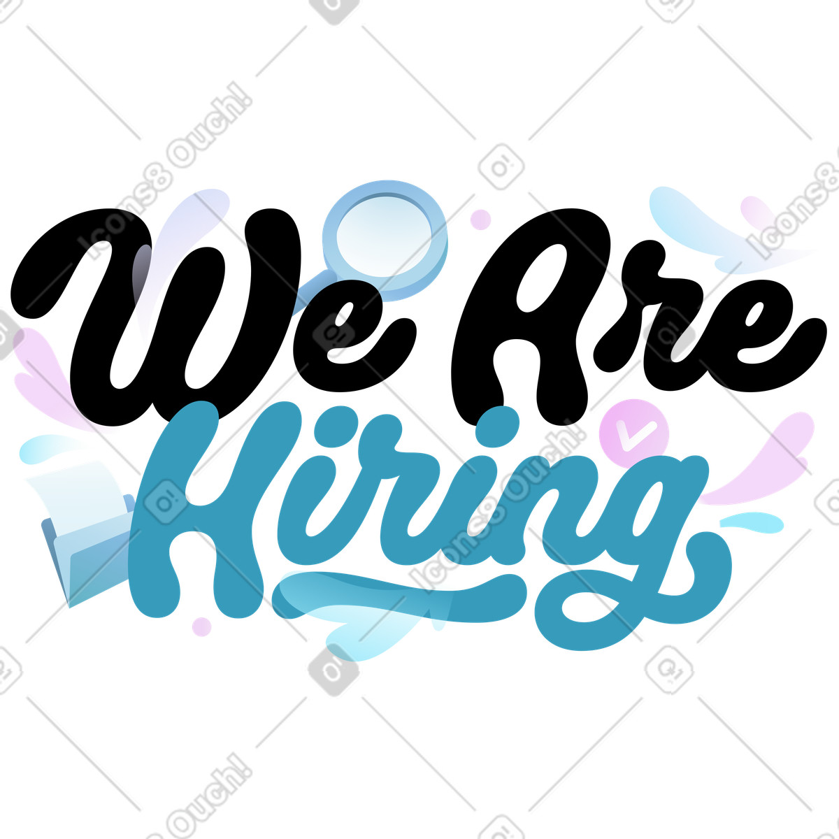 Decorative We Are Hiring text with job icons, Employee search and HR marketing illustration in Airy style download in PNG, SVG