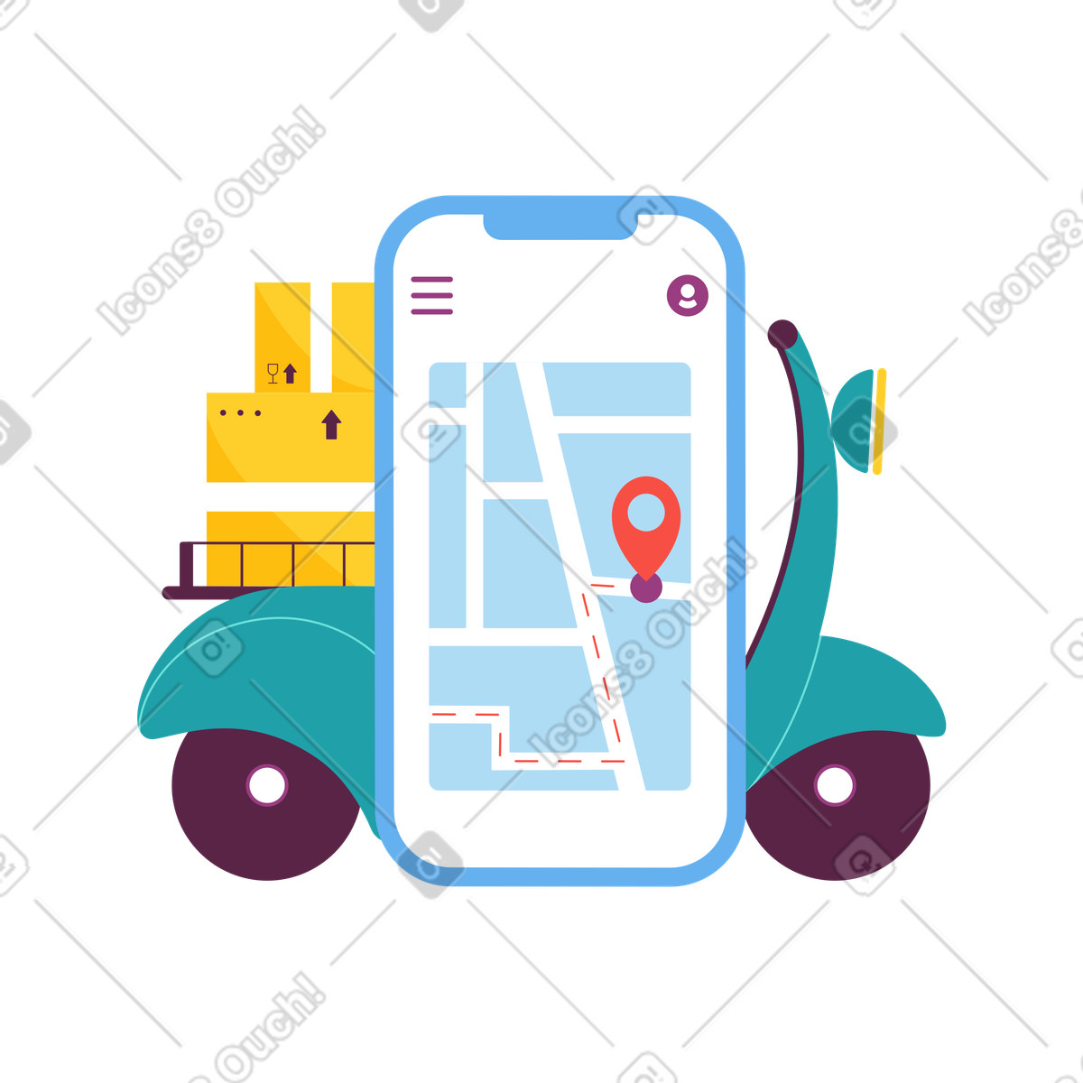 Delivery truck with smartphone map, Package tracking and GPS navigation illustrazione animata in stile Sammy scaricabile in GIF, Lottie (JSON), AE