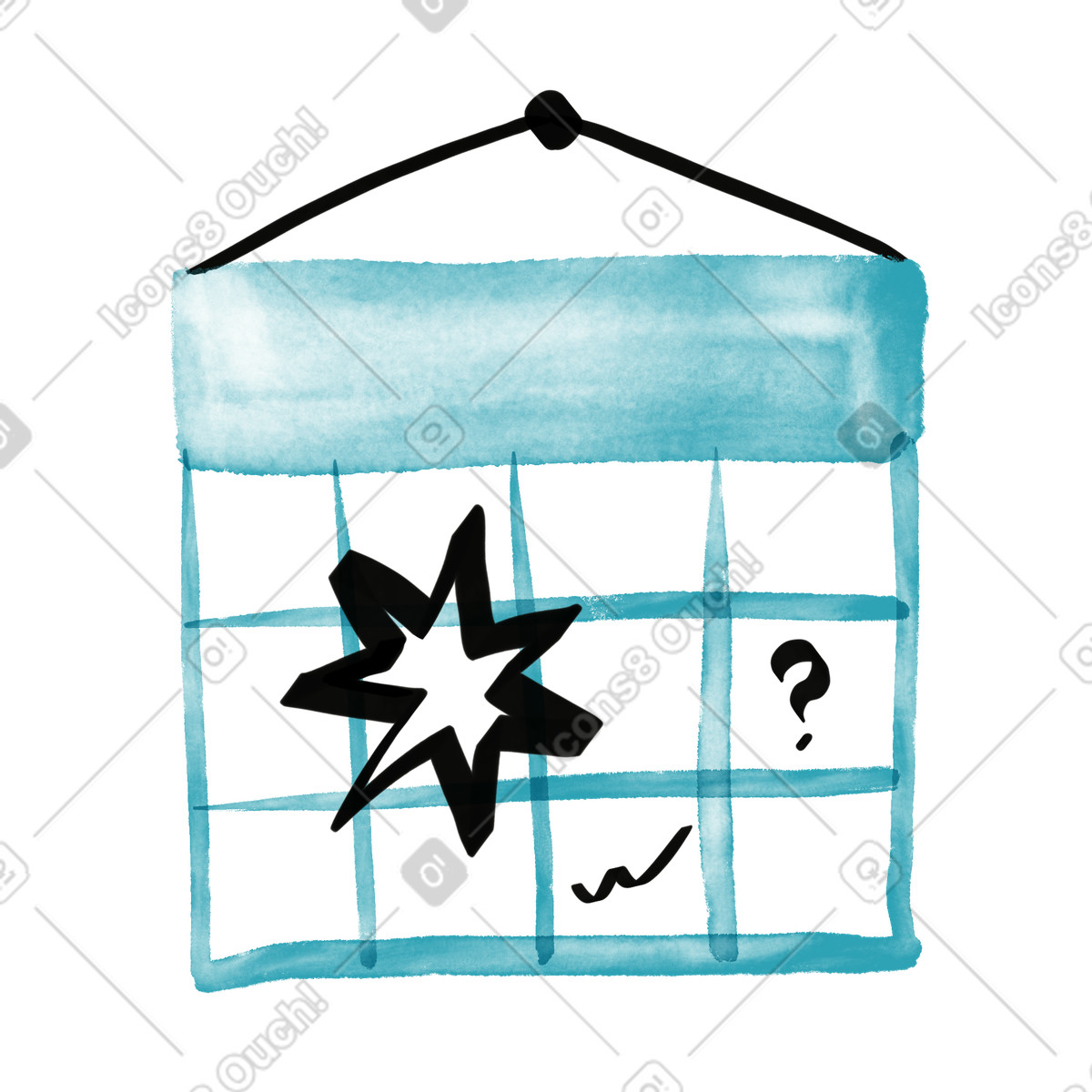 下载 Watercolor sketch 风格的 Calendar reminder star highlighting important event and question mark note 插画，支持 PNG、SVG 格式