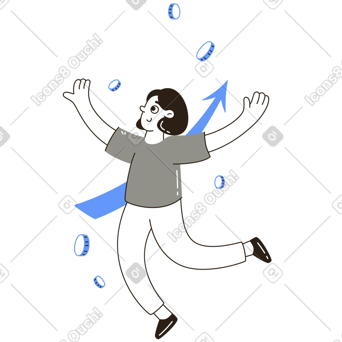 Person with arms raised under coins, Financial success or wealth concept illustration in PNG, SVG