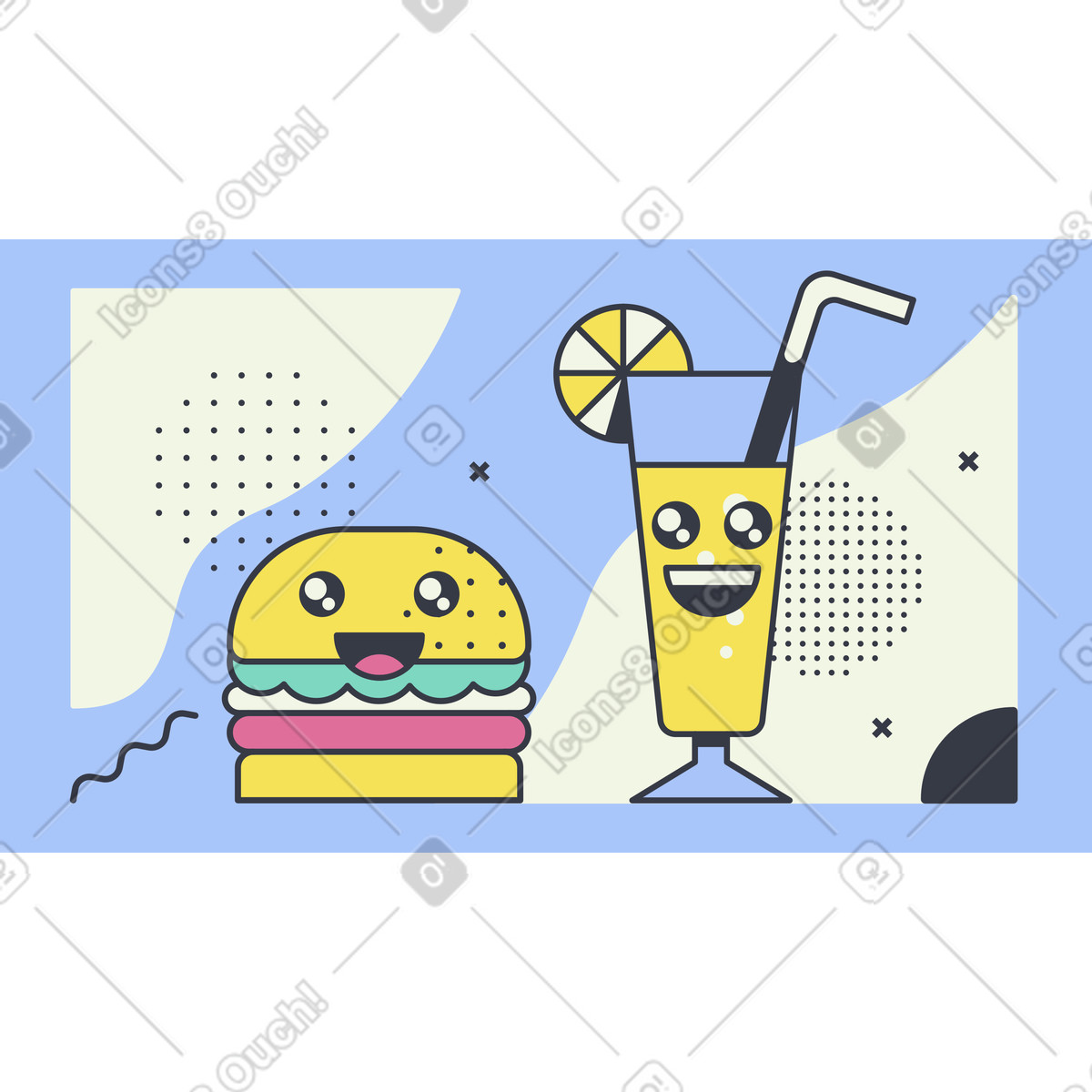 Illustration Un hamburger mignon et verre de limonade dans le style Abstract à télécharger aux formats PNG, SVG