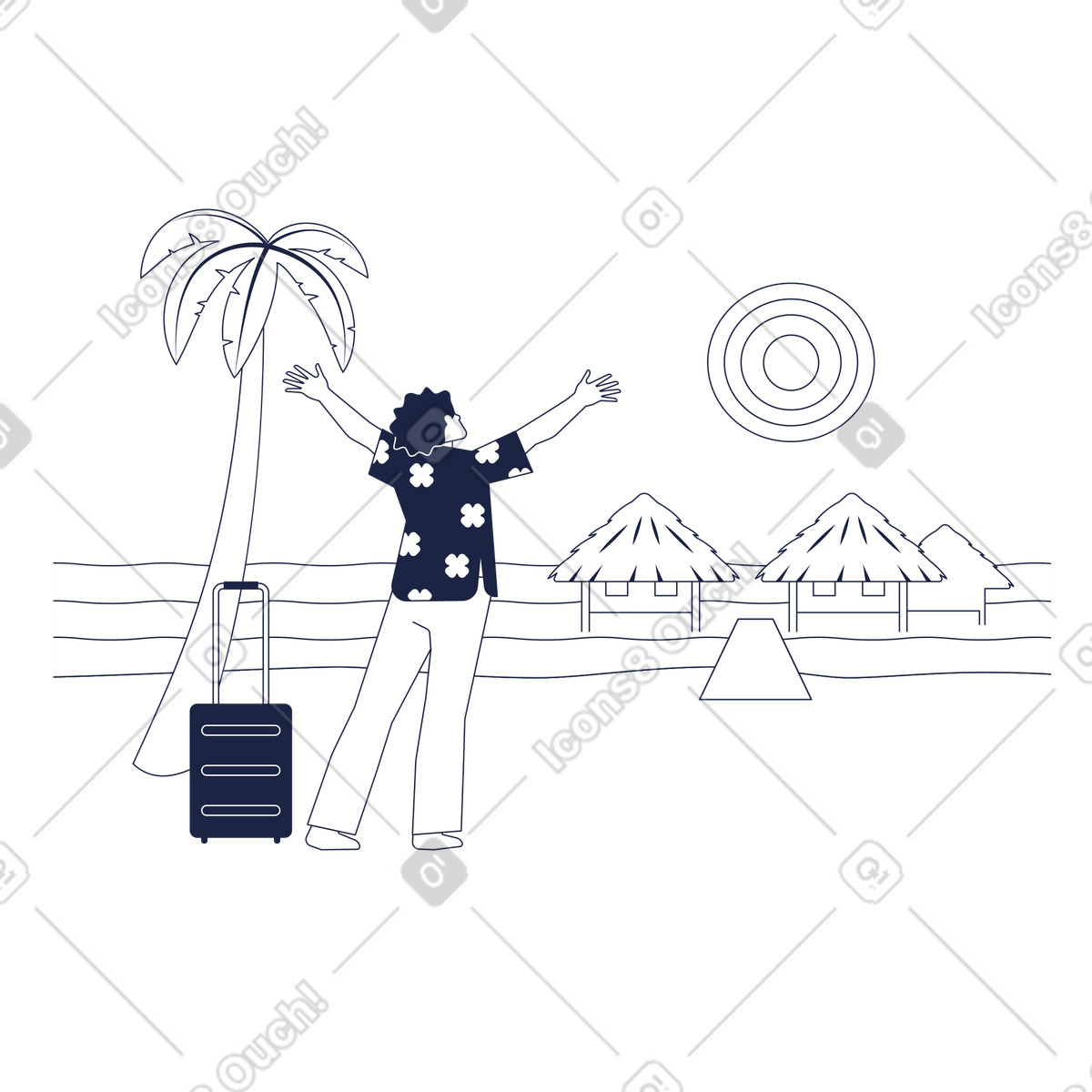 Man in Hawaiian shirt on background of ocean, palm trees and beach houses illustration Urban Line style download PNG, SVG