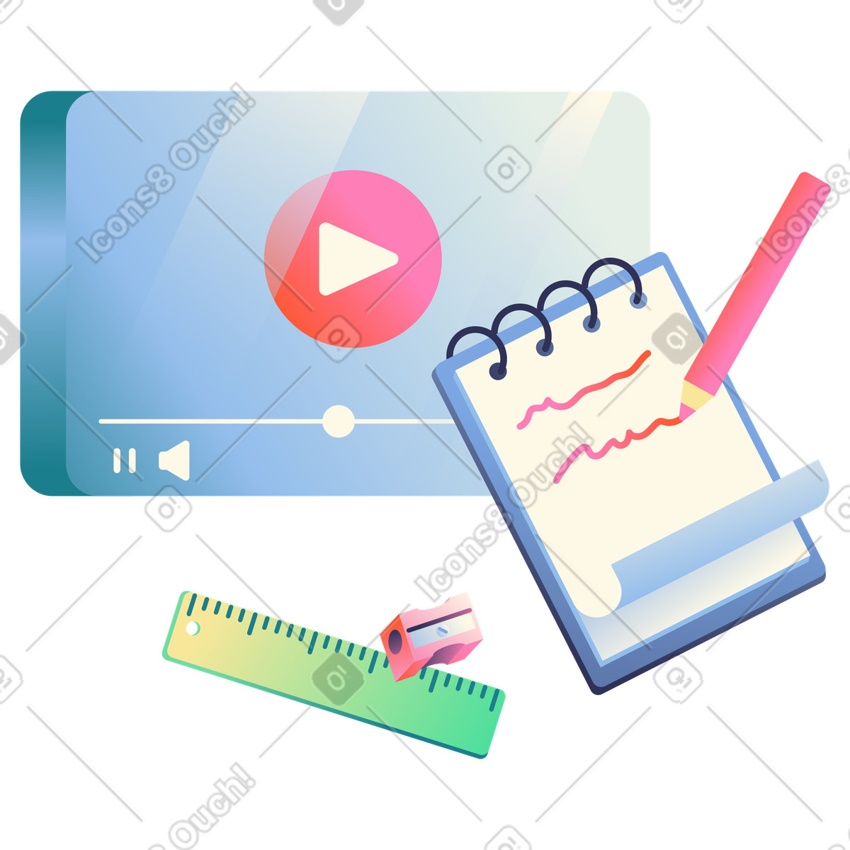 Video-based lessons with notes and measurement tools, Interactive online learning illustration in Beam style download in PNG, SVG