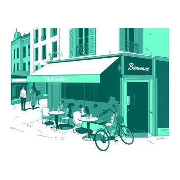 A teal Parisian street scene features a charming corner café with a white awning and small round tables outside. Patrons are enjoying their drinks at the café, with some sitting on white chairs. On the café's door, there is a white "Bienvenue" sign in elegant script. The street is lined with tall, typical Parisian buildings, adding to the city's unique atmosphere. A few pedestrians stroll by, and a bicycle leans against the café's exterior, emphasizing the café's inviting vibe.