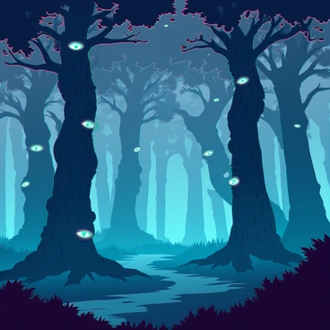 A dense forest shrouded in mist, with towering trees that have gnarled branches and twisted trunks. The bark of the trees is dark and textured, creating an otherworldly appearance. Among the trees, there are numerous pairs of glowing eyes peering out from the shadows, their colors varying from bright green to deep blue, adding an unsettling atmosphere. The ground is covered with a thick layer of fallen leaves, and faint trails can be seen winding through the undergrowth. The air is thick with an ethereal glow, enhancing the mysterious quality of the scene.