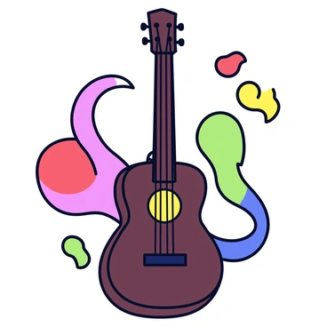 A guitar is placed prominently at the center of the image. The guitar has a dark wood finish with a glossy sheen. Surrounding the guitar are swirling shapes in various vibrant colors, including red, blue, green, and yellow. These shapes appear fluid and dynamic, creating an impression of movement around the guitar. The background is a smooth gradient that transitions from light to dark, enhancing the overall contrast with the guitar and colors.