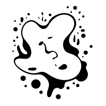 A black-and-white illustration of a large splash resembling a face. The splash has abstract shapes forming the outline of a head, with exaggerated features that suggest a facial structure. Surrounding the splash are various ink drops and splatters, adding to the dynamic movement of the illustration. The overall composition has a fluid feel, with the shapes merging seamlessly into one another.