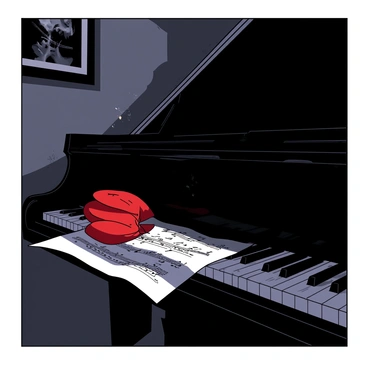 A red wilted tulip lies delicately on the polished surface of a black grand piano. The room is dimly lit, creating subtle shadows that accentuate the curves of the piano. Dust particles float in the air, visible in the soft glow of a nearby lamp. The walls are adorned with framed black-and-white photographs, enhancing the somber atmosphere. A sheet of music is partially open beside the tulip, its notes faded and forgotten.