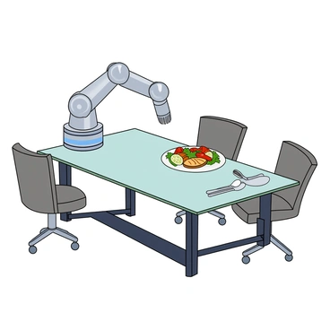 A shiny metallic robotic arm with articulated joints is positioned above a sleek futuristic dining table. The arm is grasping a silver fourchette, poised to serve a colorful dish. The table is made of smooth glass, reflecting ambient light, and is decorated with a few elegant plates and high-tech serving utensils. Surrounding the table are modern, ergonomic dining chairs with a unique design. The dish being served is vibrant, featuring a variety of vegetables and a piece of grilled protein, neatly arranged on a plate.