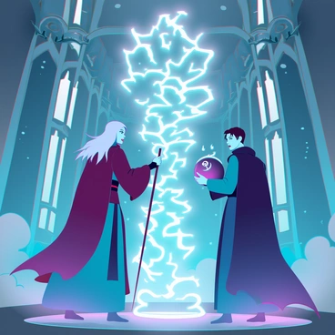 A large, ornate castle's great hall is filled with intricate stonework and towering arched windows. Two powerful sorcerers face each other, both clad in flowing robes adorned with mystical symbols. One sorcerer has long, silver hair and a staff emitting a bright, swirling blue light. The other sorcerer has short, dark hair and is wielding a dark orb that crackles with energy. A surge of magical energy is visible between them, creating a dynamic and charged atmosphere. Shadows flicker across the hall as the sound of their incantations echoes, and the floor is illuminated by the bright light of their powers, showcasing the intensity of their duel.