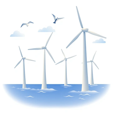 A series of tall wind turbines are positioned in the ocean, their white blades turning slowly in the breeze. The turbines are scattered across the water, standing on sturdy white bases that rise above the waves. In the sky above, several seagulls are flying, their wings outstretched against the blue backdrop. The sunlight gleams off the ocean's surface, creating a shimmering effect, while the gentle waves ripple around the turbines. The scene conveys a sense of harmony between nature and renewable energy.