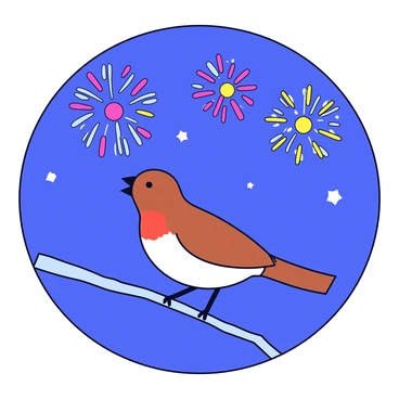 A nightingale perched on a thin branch is singing. The bird has soft brown feathers with a lighter underside. In the background, colorful fireworks burst in the night sky, displaying bright shades of red, blue, and yellow. The scene is set just before dawn, with a hint of light emerging on the horizon. The air is filled with the excitement of a new year beginning.