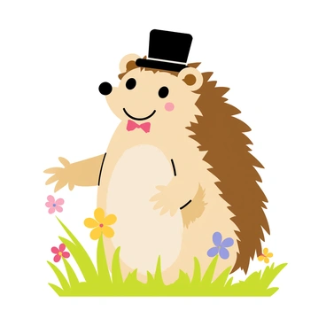 A cute hedgehog with brown spiky fur standing upright. The hedgehog is wearing a tiny black top hat that sits jauntily on its head. It also has a small red bowtie around its neck. The hedgehog is smiling, showcasing a cheerful expression, and is surrounded by vibrant green grass and colorful wildflowers.