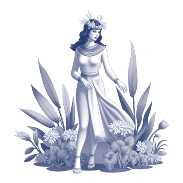 A woman resembling "Cleopatra" stands elegantly among lush greenery and blooming flowers in a garden. She has "a crown of flowers" delicately placed on her head, featuring various floral elements intertwined with her hair. Her attire is reminiscent of ancient Egyptian fashion, adorned with intricate patterns and flowing fabrics. Surrounding her are vibrant plants, with intricate leaves and a variety of "floral blooms" in full display. The composition captures the essence of a royal figure in a natural paradise.