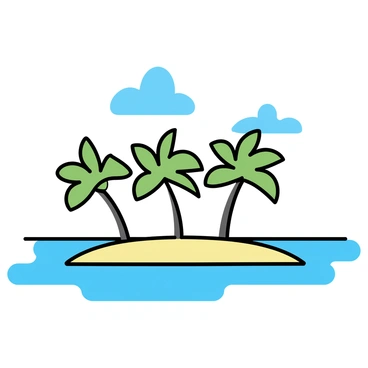 A tropical island featuring several green palm trees with fronds gently swaying. The palm trees are positioned on the sandy shore, with a clear view of the horizon. The water is a vibrant turquoise, reflecting the sunlight. The sky above is bright blue, contributing to the island's sunny atmosphere.