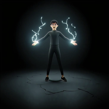 An individual stands at the center of a dimly lit environment. They have short black hair and are wearing a fitted black outfit. Shadowy energy swirls around them, forming tendrils that dance and pulse with intensity. Their arms are outstretched, and their facial expression shows a mix of surprise and determination. The ground beneath them is cracked and dark, reflecting the energy emanating from their surroundings. A faint glow emanates from their hands, contrasting with the deep shadows encasing them.