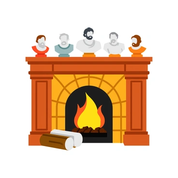 A grand wooden mantle above a classical fireplace, richly carved with intricate designs. The mantle is adorned with busts of famous philosophers, each one placed on a small pedestal. The busts are detailed, showcasing the recognizable features of figures such as Socrates, Plato, and Aristotle. The fireplace below has ornate tiles, and a gentle glow emanates from within, hinting at a cozy fire. A few elegantly arranged logs are stacked neatly at the side. 