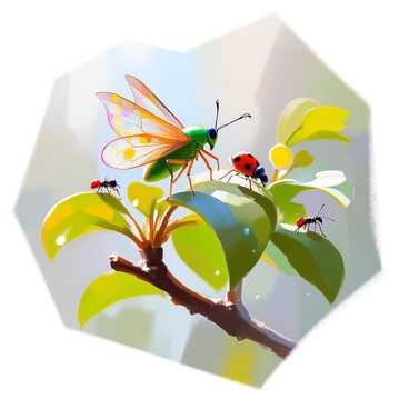 A close-up view showcasing a variety of insects on a leafy branch. The branch is covered with vibrant green leaves, each one glistening with droplets of dew. Detailed insects are seen, including a bright green grasshopper perched on a leaf, a delicate ladybug with red and black spots crawling on the branch, and a tiny ant climbing along the surface. A butterfly with colorful wings flutters nearby, adding to the lively scene. The intricate textures of the insects' bodies and the foliage are highlighted in the composition.