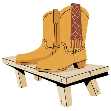 A pair of brown cowboy boots positioned neatly next to a matching brown scarf. The cowboy boots feature intricate stitching and pointed toes. The scarf is elegantly draped over one of the boots, displaying a beautiful pattern. The scene takes place on a weathered wooden bench, with visible wood grain and knots, enhancing the rustic feel of the setting. Soft light creates gentle shadows, emphasizing the texture of the materials.