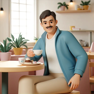 A man, wearing a blue jacket, a white shirt, and khaki pants, is seated at a wooden café table. He holds a delicate porcelain teacup with a floral design in one hand and a matching saucer in the other. The man has a friendly smile and a well-groomed mustache. He is enjoying an afternoon tea, with a small plate of various pastries on the table in front of him. The café has a welcoming ambiance, with potted plants and warm lighting, creating a cozy atmosphere. Sunlight filters through the window, casting soft shadows around him.
