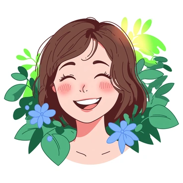 A youthful face with charming "freckles" is smiling brightly. The background features lush "green" foliage and vibrant "blue" flowers. Soft sunlight filters through the leaves, creating a warm glow that highlights the freckles on the person's cheeks. The expression on the face conveys happiness and vitality, blending harmoniously with the natural setting.