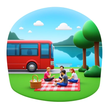 A bus parked near a scenic lake with calm waters reflecting the surrounding landscape. Several passengers are sitting on a picnic blanket, enjoying a meal together. They are surrounded by trees and vibrant green grass. A wicker basket filled with food items is placed on the blanket. Some passengers are laughing and chatting, while others are taking in the view of the lake. White fluffy clouds are scattered across the blue sky, adding to the picturesque scene.