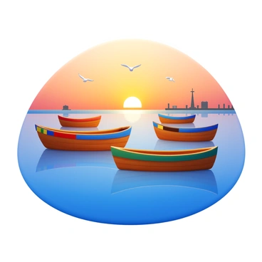 A coastal scene featuring multiple fishing boats leaving the harbor at dawn. The boats are wooden with colorful paint, and they rise and fall gently on the calm water. The sky is painted in shades of orange and pink as the sun begins to rise on the horizon. Light reflects off the water, creating a shimmering effect. Seagulls can be seen flying above the boats, and the silhouette of the harbor's dock is visible in the background.