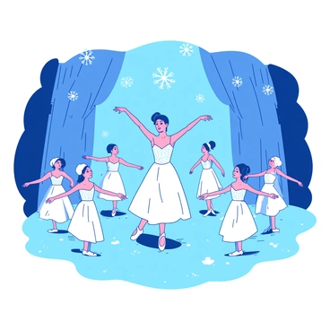 A white ballet dancer dressed in a sparkling gown resembling a snowflake is gracefully performing in the center of a stage. Surrounding her, several other dancers in similar white outfits create a harmonious formation, their arms outstretched as they embody the delicate nature of snowflakes. The stage is adorned with blue winter-themed decorations, including icy crystals hanging from above and shimmering snow-like effects on the floor, enhancing the wintery atmosphere. The background features soft blue lighting that adds to the ethereal ambiance of the performance.
