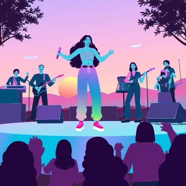 Chappell Roan, a young singer with long, wavy hair and a vibrant outfit composed of a glittering top and colorful pants, stands on a stage with a microphone in hand. She is surrounded by band members playing instruments, all illuminated by soft stage lights. The audience, a diverse group of enthusiastic fans, is waving their hands in the air, enjoying the lively performance. The sky in the background displays a stunning gradient of oranges, pinks, and purples as the sun sets behind distant hills. There are trees lining the sides of the stage, and a few scattered clouds catch the warm colors of the sunset.