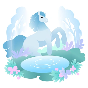 A majestic creature with a flowing mane and elegant features is creating a shimmering mirage above a secluded forest pond. The pond reflects vibrant gradient pastel colors of the trees and sky. Soft ripples spread across the water's surface, enhancing the dreamlike atmosphere. Surrounding the pond are lush green ferns and delicate wildflowers, adding detail to the tranquil setting. In the background, tall trees with gentle curves frame the scene, their leaves whispering in a light breeze.