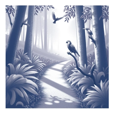 A narrow trail winding through a dense rainforest. The path is flanked by tall trees with thick trunks and a canopy of leaves overhead, creating a rich texture. Lush green foliage surrounds the trail, with various shapes and sizes of leaves creating a sense of depth. Exotic birds are perched on branches, some in flight, showcasing their unique shapes and features. The ground is covered in leaf litter and small plants, indicating an active ecosystem. Sunlight filters through the leaves, casting intricate shadows on the trail.