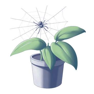 A tiny spider is meticulously weaving its web among the leaves of a potted plant. The spider is positioned at the center of its web, with delicate threads extending from its body to the surrounding leaves. The potted plant features lush green leaves that provide a vibrant backdrop to the spider's intricate work. The web shows a symmetrical design, with each strand glistening subtly in the light, creating a detailed pattern against the natural textures of the leaves.