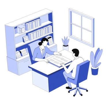 A financial advisor is seated at a polished wooden desk, engaging with a client. The advisor is pointing at a large ledger opened on the desk, illustrating various entries. The office is spacious and well-organized, featuring shelves filled with neatly arranged books and financial documents. A comfortable chair is located across from the desk, with the client attentively listening. A potted plant sits in one corner, adding a touch of greenery to the room. A window allows natural light to flood the space, highlighting the professionalism of the setting.