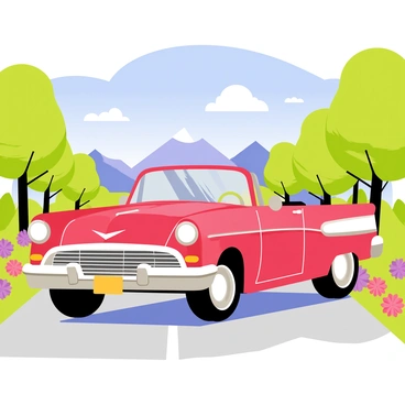 A classic vintage car in a glossy red color is parked on a scenic road. The car features shiny chrome accents and detailed headlights. Lush green trees line the road, with vibrant flowers blooming on the sides. The sky above is a clear blue, with a few fluffy white clouds scattered throughout. A picturesque mountain range can be seen in the distance, adding to the charm of the setting.