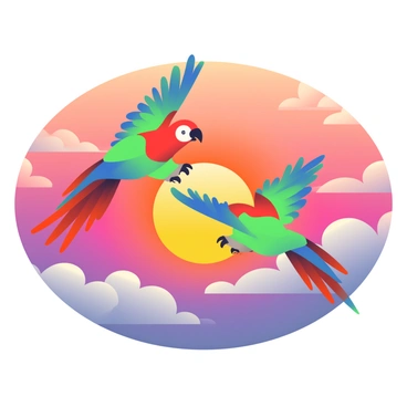 A pair of brightly colored parrots are flying across a vibrant sunset. The parrots feature a mix of green, blue, and red feathers that catch the warm light of the setting sun. The sky is filled with rich hues of orange, pink, and purple, creating a dramatic backdrop. The clouds are softly illuminated by the sunlight, adding depth to the scene. The two parrots are in mid-flight, their wings spread wide, capturing the sense of freedom as they soar through the colorful sky.