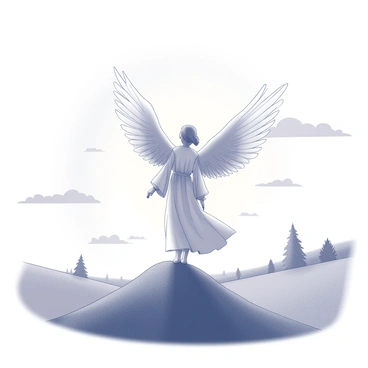 An angel standing on a hilltop, facing the horizon. The angel has large, magnificent wings extended behind them. They wear flowing robes that gently cascade down their form. The sun is rising, casting long shadows and illuminating the landscape. Soft clouds are scattered across the sky, and there are silhouettes of distant trees in the background. The scene conveys a sense of calmness and serenity as the angel observes the dawning day.